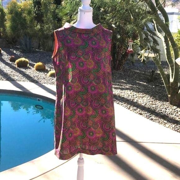Shift Dress Womens Colorful Collared Cotton Pink Green Back Zip Contrasting Trim - Picture 12 of 12